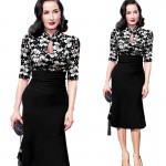 T'O Winter Autumn Elegant Dress Work Charming Women Keyhole Half sleeve office Stand collar Mermaid Bodycon Midi Dress 87