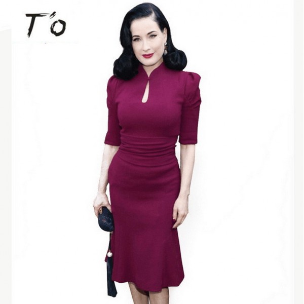 T'O Winter Autumn Elegant Dress Work Charming Women Keyhole Half sleeve office Stand collar Mermaid Bodycon Midi Dress 87