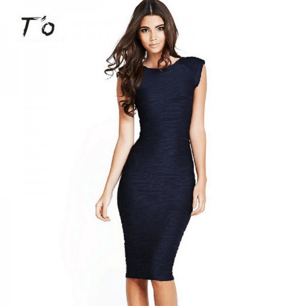 T'O Women Summer Elegant Vintage Retro Deep V Back Sleeveless Solid Color  Ruched Party Bodycon Wiggle Tunic Pencil Dress 190