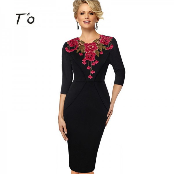 T'O Womens 3/4 Sleeve Elegant Applique Crochet embroidery V-neck Party Work Office Bodycon Sheath Pencil Dress 256