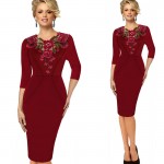 T'O Womens 3/4 Sleeve Elegant Applique Crochet embroidery V-neck Party Work Office Bodycon Sheath Pencil Dress 256