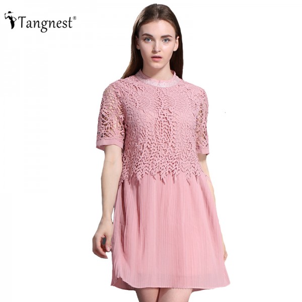 TANGNEST 2016 Women Summer Cute Lace Brief Patchwork Hollow Out Pink Mini Dresses Short Sleeve O-Neck Plus Size Dress WQS1802