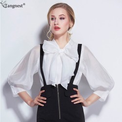TANGNEST Vintage Bow Colloar White Blouse 2017 Fashion Palace Style Puff Sleeve Loose Tops Brand Organdy Shirts Oversized WCS221