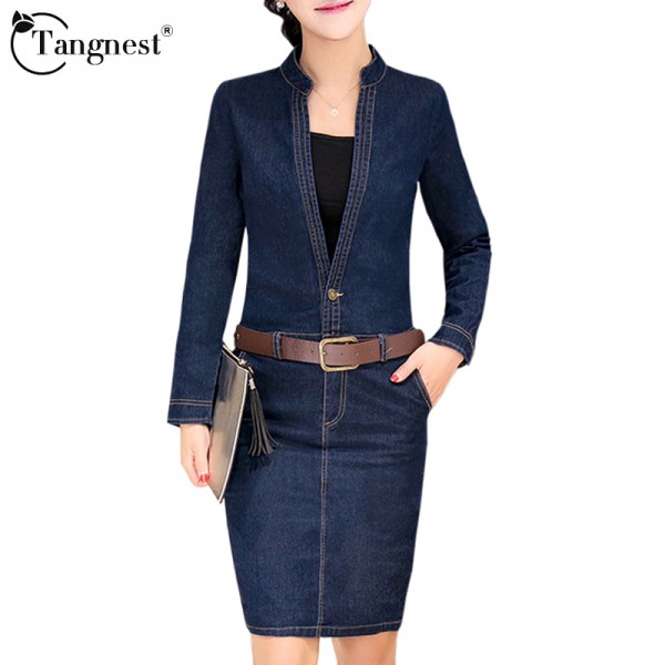 TANGNEST Women Denim Dress 2017 Spring Autumn Fashion OL Business Office V-neck Long Sleeve Jean Pencil Dresses WQL3940