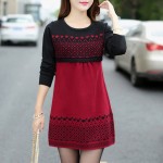 TANGNEST Women Sweater Dress Winter Warm Pullover Causal Slim Patchwork O-neck Empire Full Sleeve Knitted Dresses WQL3203