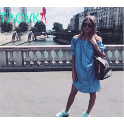 TAOVK 2016 new fashion Russian style Women Dresses Slash Dress with Belt Button blue sleeveless ruffled dress