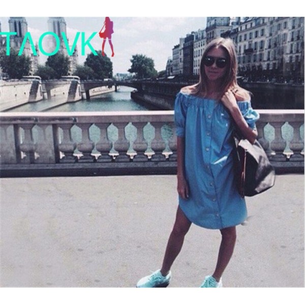 TAOVK 2016 new fashion Russian style Women Dresses Slash Dress with Belt Button blue sleeveless ruffled dress