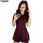 TAOVK High Waist Suede Short Dress Pleated Dresses Short Sleeve O-Neck dress 