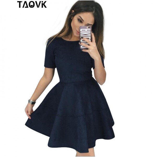 TAOVK High Waist Suede Short Dress Pleated Dresses Short Sleeve O-Neck dress 