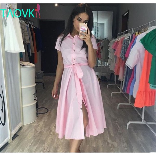 TAOVK Russian style design new 2016 women Summer  dress Pink long section pink dress shirt collar single-breasted dresses