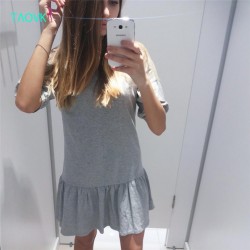 TAOVK Russian style design new 2016 women Summer Dresses Cotton Gray Lantern Sleeve dress Lotus leaf hem dress