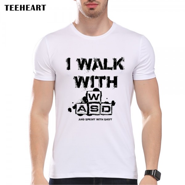 TEEHEART I walk with WASD Funny T shirt Men Cool Casual Style Short Sleeve Round Neck Video Games Top Tees pa757
