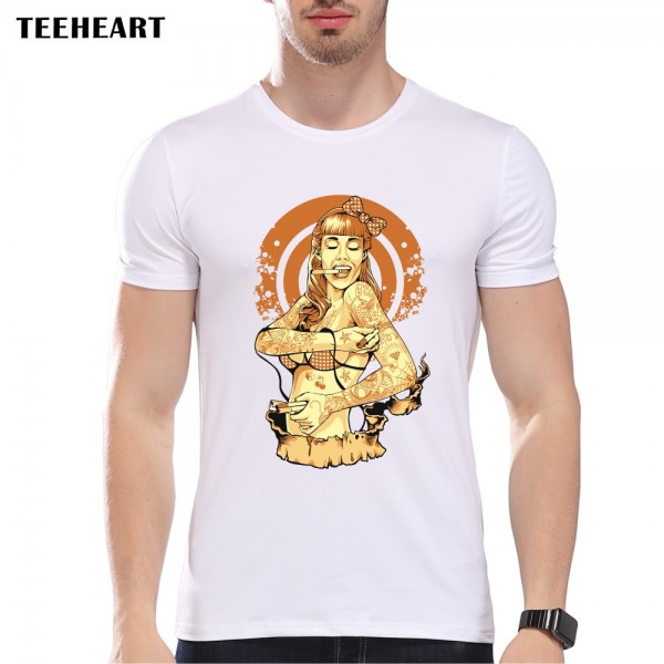 TEEHEART Summer Men's Short-sleeved T-shirts The Tattoo Girl Print Casual Male Tops Tees pa685