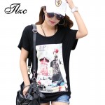 TLZC 2017 Cartoon Pattern Printed Lady Cotton White Tees T shirt  Large Size L-4XL Women Casual T-Shirts