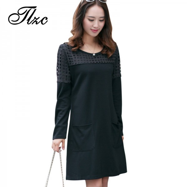 TLZC Solid Color Top Quality Women Casual Dress Pockets & Plaid Straight Dress Korean Style Lady Loose Dress Large Size XL-5XL
