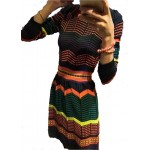 TOP FASHION New 2015 Fall Runway Designer Women's Long Sleeve Plaid Color Block Knitting O-neck Slim Casual Dress