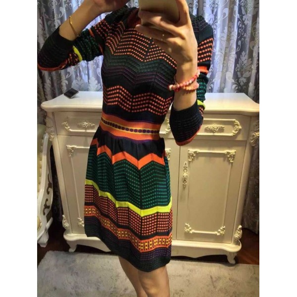 TOP FASHION New 2015 Fall Runway Designer Women's Long Sleeve Plaid Color Block Knitting O-neck Slim Casual Dress
