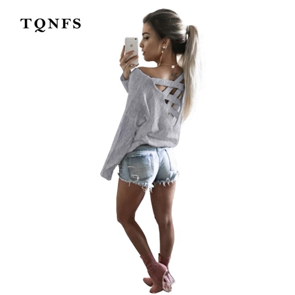 TQNFS New 2017 Sexy Back Bandage T-shirt Women Patchwork T Shirt Full Sleeve Hollow Out Tshirt Women Tops Tee Clothes