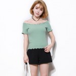 TRYNNA Women Summer Basic T Shirt Ruffles Off Shoulder Collar Candy Color Casual Tee