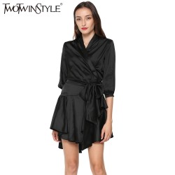 [TWOTWINSTYLE] 2017 Autumn Asymmetric Draped V Collar Bandage Dress Sex Women Lace up High Waist New