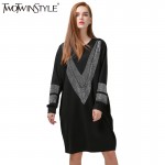 [TWOTWINSTYLE] 2017 Autumn Long Sleeve Loose  Dress Women V Figure Sparkling Diamond Black Color New Fashion Clothing