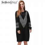 [TWOTWINSTYLE] 2017 Autumn Long Sleeve Loose  Dress Women V Figure Sparkling Diamond Black Color New Fashion Clothing