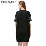 [TWOTWINSTYLE] 2017 Autumn Long Sleeve Loose  Dress Women V Figure Sparkling Diamond Black Color New Fashion Clothing