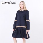 [TWOTWINSTYLE] 2017 Spring New Patchwork Pleated Korean Long Sleeves Loose Shirt Women Dress Fashion Clothing