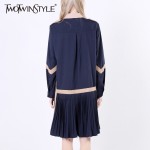 [TWOTWINSTYLE] 2017 Spring New Patchwork Pleated Korean Long Sleeves Loose Shirt Women Dress Fashion Clothing