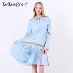 [TWOTWINSTYLE] 2017 Spring New Patchwork Pleated Korean Long Sleeves Loose Shirt Women Dress Fashion Clothing