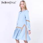 [TWOTWINSTYLE] 2017 Spring New Patchwork Pleated Korean Long Sleeves Loose Shirt Women Dress Fashion Clothing