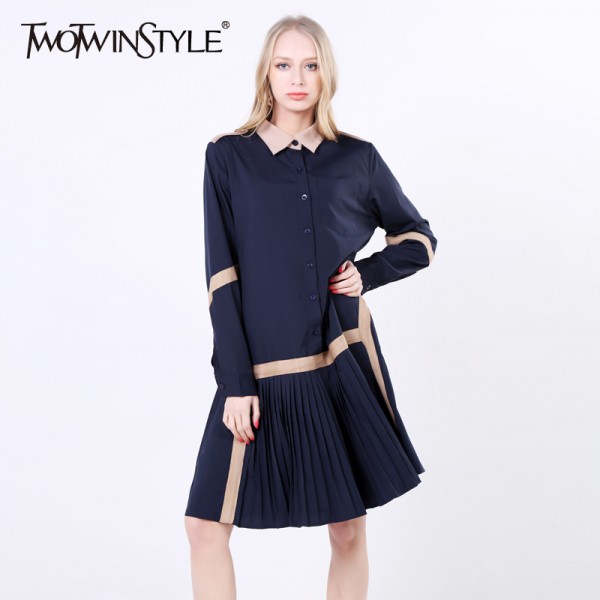 [TWOTWINSTYLE] 2017 Spring New Patchwork Pleated Korean Long Sleeves Loose Shirt Women Dress Fashion Clothing