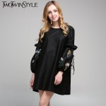 [TWOTWINSTYLE] 2017 Summer Embroidery Floral Lace Up Shirt Dresses for Women's Clothes Female Long Sleeve Large Big Size Casual