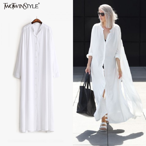 [TWOTWINSTYLE] 2017 Summer Long Sleeves Shirt Dress Women Sides Slit Buttons Multi Way to Wear New Clothing Black White Fashion