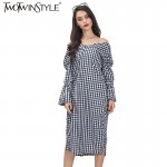 [TWOTWINSTYLE] 2017 Summer V Neck Back Knot Long Sex Dress Women Plaid Clothing New Fashion