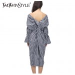 [TWOTWINSTYLE] 2017 Summer V Neck Back Knot Long Sex Dress Women Plaid Clothing New Fashion