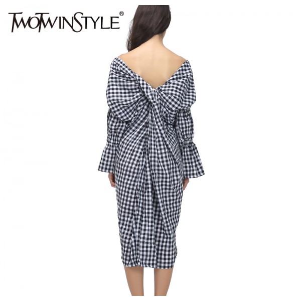 [TWOTWINSTYLE] 2017 Summer V Neck Back Knot Long Sex Dress Women Plaid Clothing New Fashion