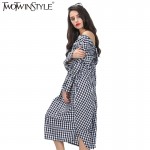 [TWOTWINSTYLE] 2017 Summer V Neck Back Knot Long Sex Dress Women Plaid Clothing New Fashion