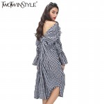 [TWOTWINSTYLE] 2017 Summer V Neck Back Knot Long Sex Dress Women Plaid Clothing New Fashion