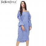 [TWOTWINSTYLE] 2017 Summer V Neck Back Knot Long Sex Dress Women Plaid Clothing New Fashion