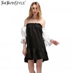 [TWOTWINSTYLE] 2017 black hit white ruffles sleeve off the shoulder slash collar princess pleated dress women new