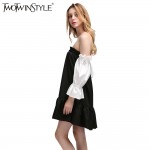 [TWOTWINSTYLE] 2017 black hit white ruffles sleeve off the shoulder slash collar princess pleated dress women new