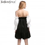 [TWOTWINSTYLE] 2017 black hit white ruffles sleeve off the shoulder slash collar princess pleated dress women new