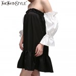 [TWOTWINSTYLE] 2017 black hit white ruffles sleeve off the shoulder slash collar princess pleated dress women new