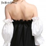 [TWOTWINSTYLE] 2017 black hit white ruffles sleeve off the shoulder slash collar princess pleated dress women new