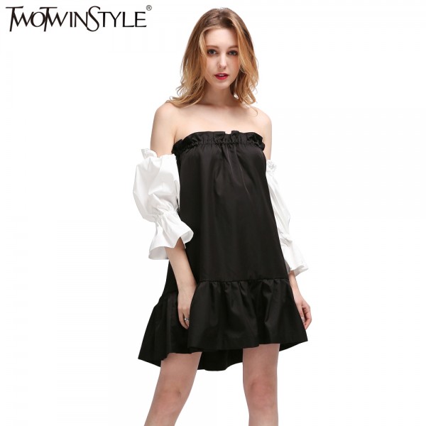 [TWOTWINSTYLE] 2017 black hit white ruffles sleeve off the shoulder slash collar princess pleated dress women new