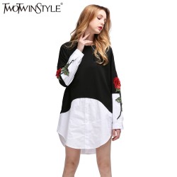 [TWOTWINSTYLE] Rose Flowers Embroidery Women Dress Patchwork Fake Two Pieces Ladies Party Dresses 2017 Spring New Fashion
