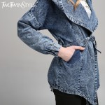 [TWOTWINSTYLE] Spring Lace Up Hooded Windbreaker Women Jean Denim Basic Coats Female Jacket for Women Long Sleeves Cardigan New