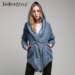 [TWOTWINSTYLE] Spring Lace Up Hooded Windbreaker Women Jean Denim Basic Coats Female Jacket for Women Long Sleeves Cardigan New