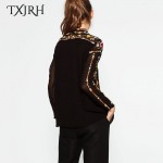 TXJRH Vintage ZA Colorful Floral Print Embroidery Back Button Chiffon T-Shirt Street Women Stand Collar Pullover Long Sleeve Top